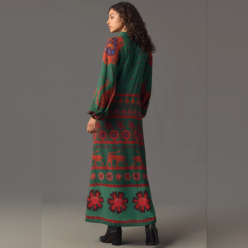 FARM Rio Green Maxi Shirt Dress with Red Floral & Animal Motifs - Picture 2 of 8